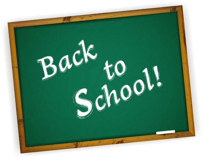 Texten "Back to school!" står på en grön skoltavla med träram runt.