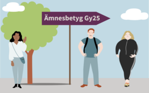 Tecknad bild på tre personer i en utemiljö med en skylt där det står "Ämnesbetyg GT25".
