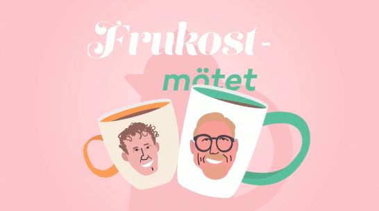 Två muggar med tecknade ansikten av Petter och Marcus mot rosa bakgrund med texten Frukostmötet i vitt och grönt.