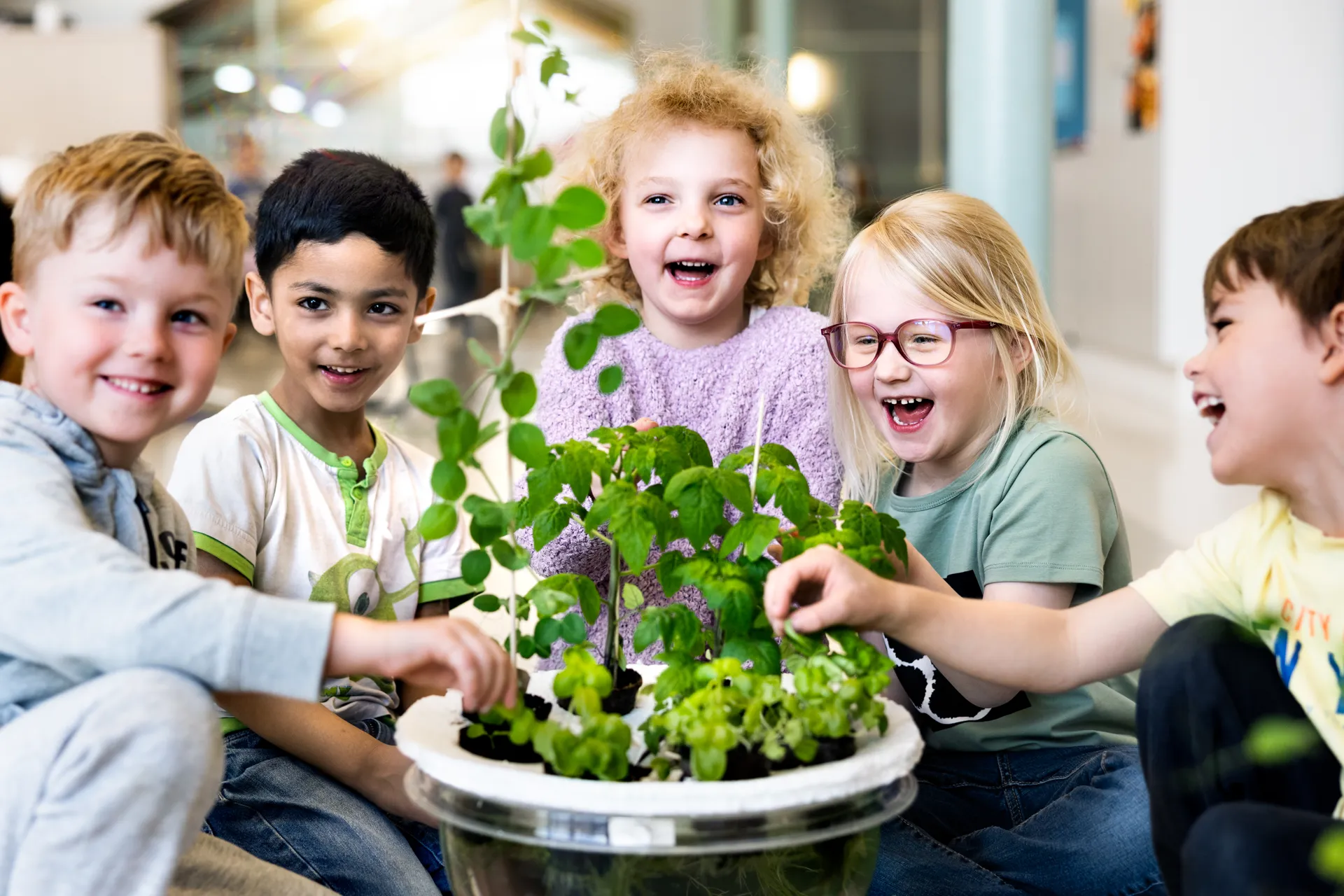 En grupp barn som sitter runt en krukväxt.